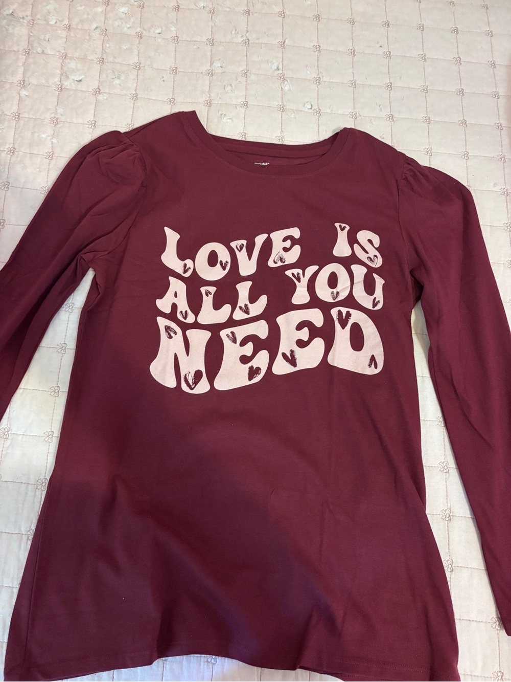 Girls' Long Sleeve Graphic Tee - Maroon "Love Is All You Need"